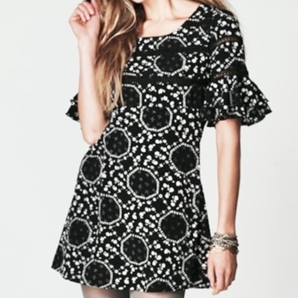 Free People Geo Garden Cream Floral Black Dress Size 6